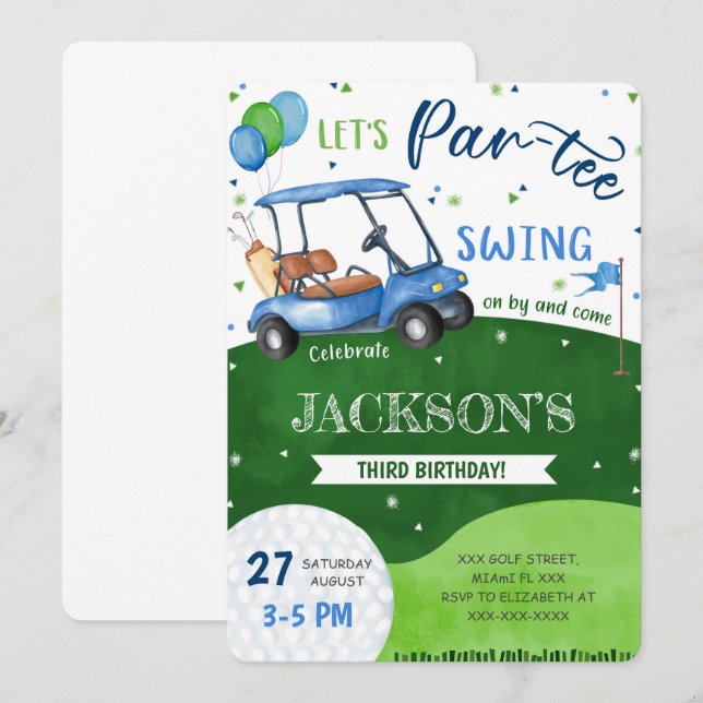 Invitación de cumpleaños de golf editable (Anverso / Reverso)