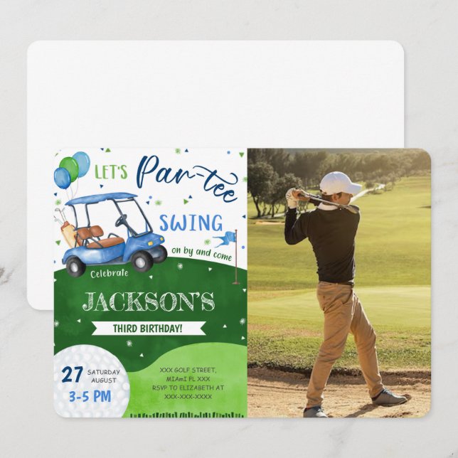 Invitación de cumpleaños de golf editable con foto (Anverso / Reverso)