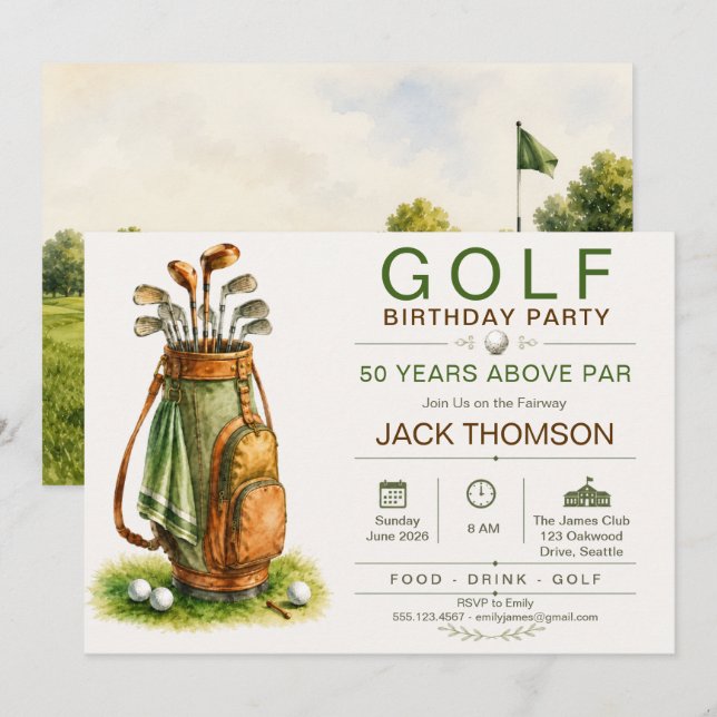 Invitación de cumpleaños de golf en el Country Clu (Anverso / Reverso)