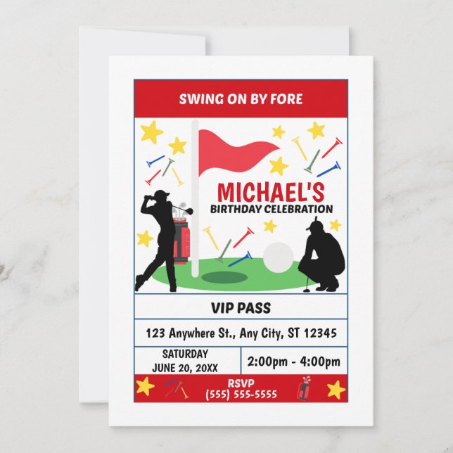 Invitación de cumpleaños de golf (hombres) (Anverso)