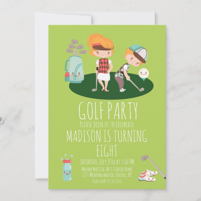 Invitación de cumpleaños de golf lindo niño niña v (Anverso)