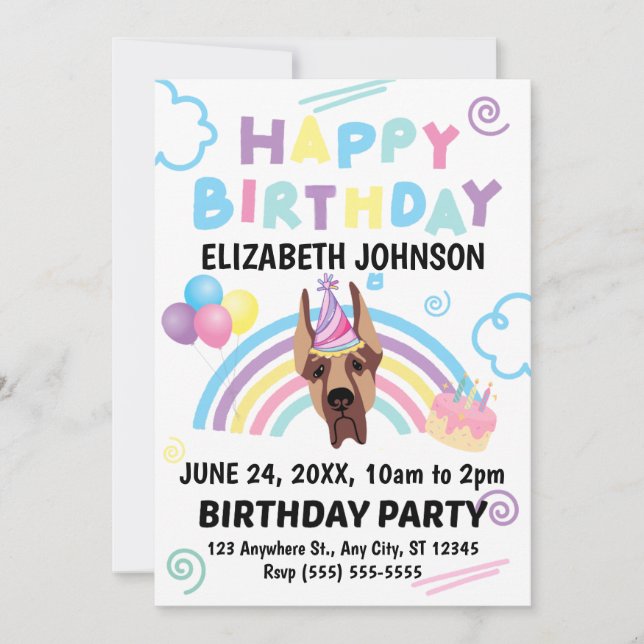 Invitación de cumpleaños de Gran Danés (Anverso)