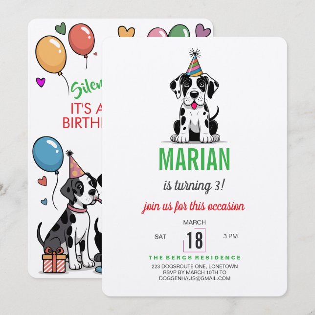 Invitación de cumpleaños de Gran Danés (Anverso / Reverso)