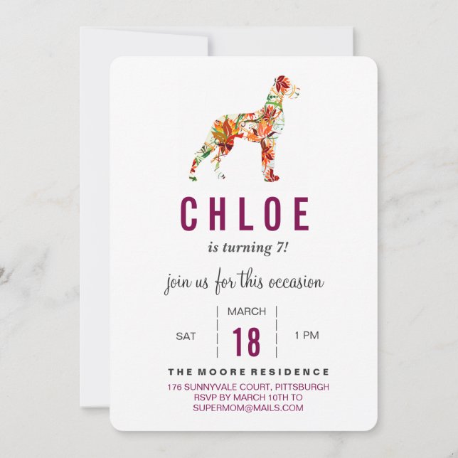 Invitación de cumpleaños de Gran Danés Burgundy  (Reverso)