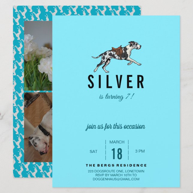 Invitación de cumpleaños de Gran Danés con 3 fotos (Anverso / Reverso)