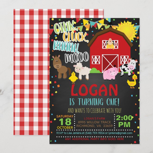 Invitación de cumpleaños de granja (Anverso / Reverso)