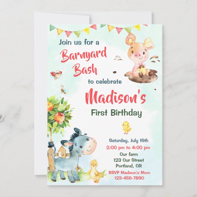 Invitación de cumpleaños de granja Animales de gra (Anverso)