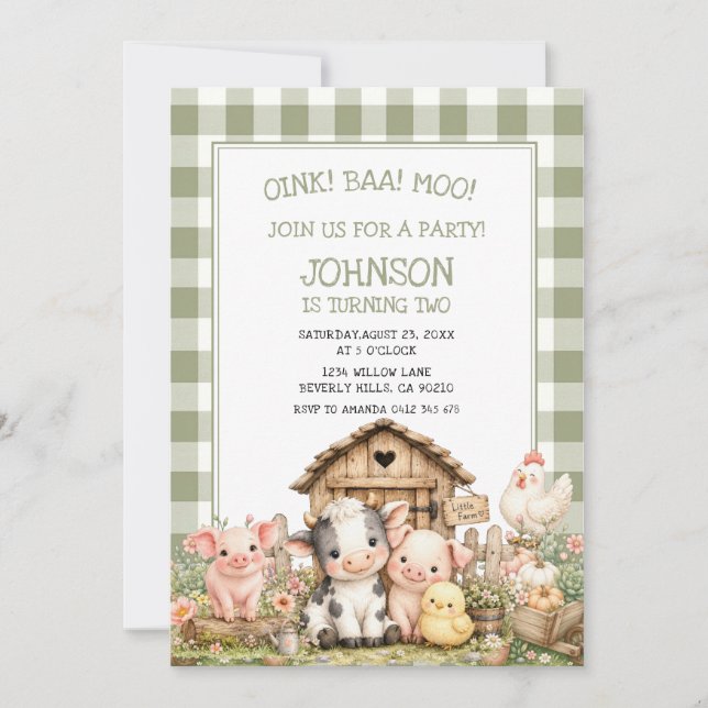 Invitación de cumpleaños de granja animales lindos (Anverso)