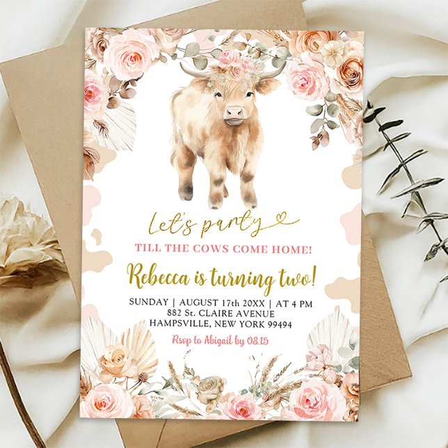 Invitación de cumpleaños de granja boho vaca highl (Subido por el creador)
