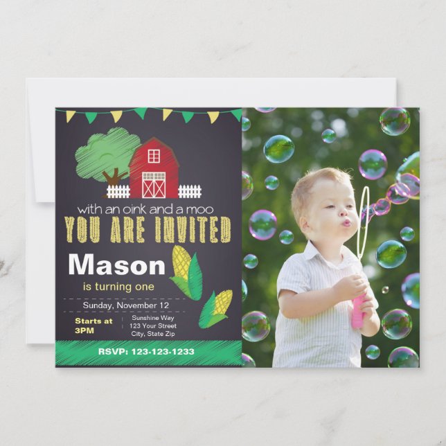 Invitación de cumpleaños de granja con foto (Anverso)