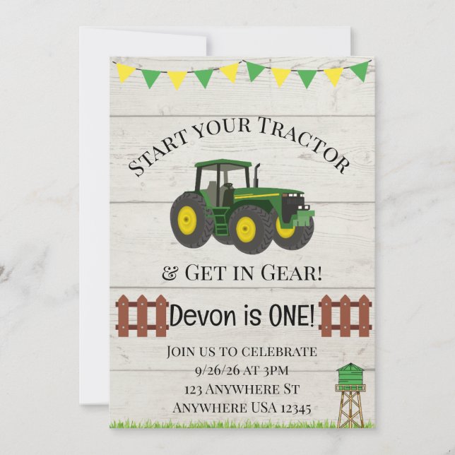 Invitación de cumpleaños de granja con tractor par (Anverso)