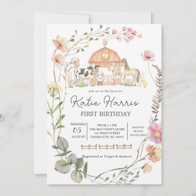 Invitación de cumpleaños de granja de flores silve (Anverso)