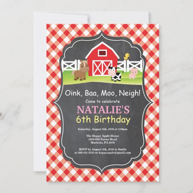 Invitación de cumpleaños de granja en pizarra Fies (Anverso)