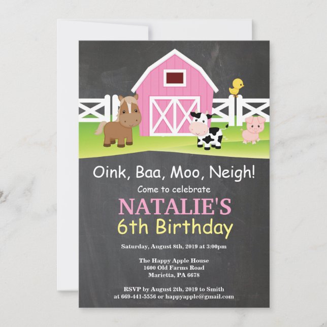 Invitación de cumpleaños de granja en pizarra Fies (Anverso)