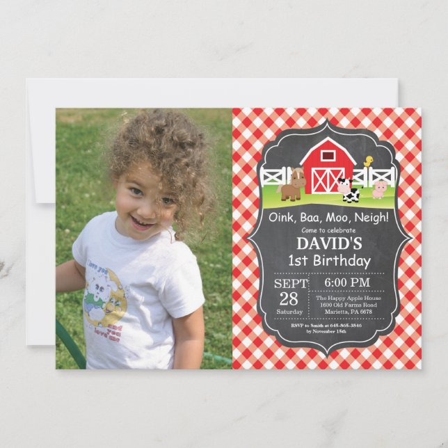 Invitación de cumpleaños de granja en pizarra Fies (Anverso)