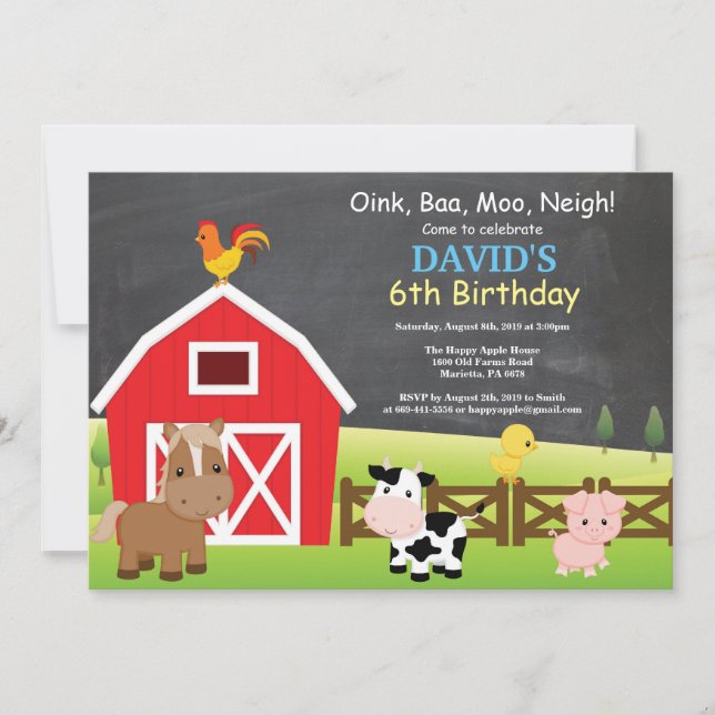 Invitación de cumpleaños de granja en pizarra Fies (Anverso)