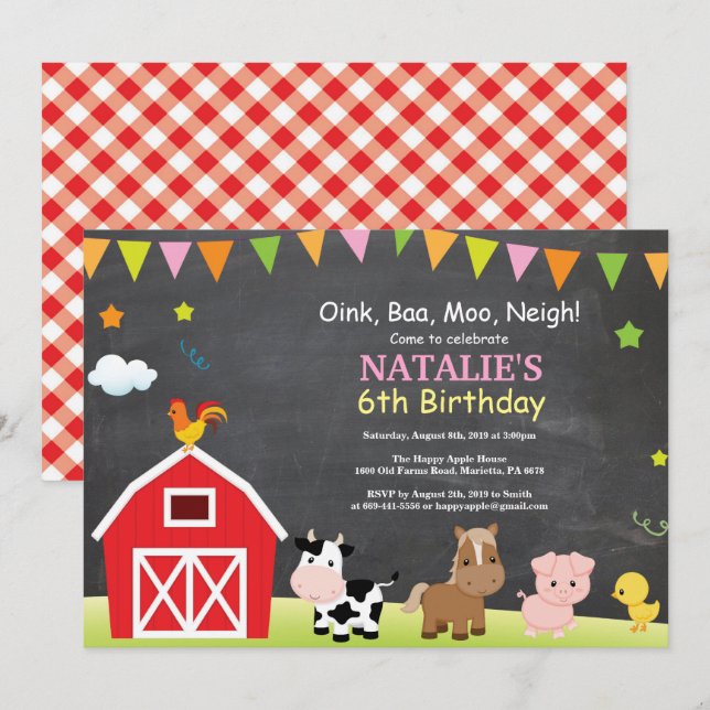 Invitación de cumpleaños de granja en pizarra Fies (Anverso / Reverso)