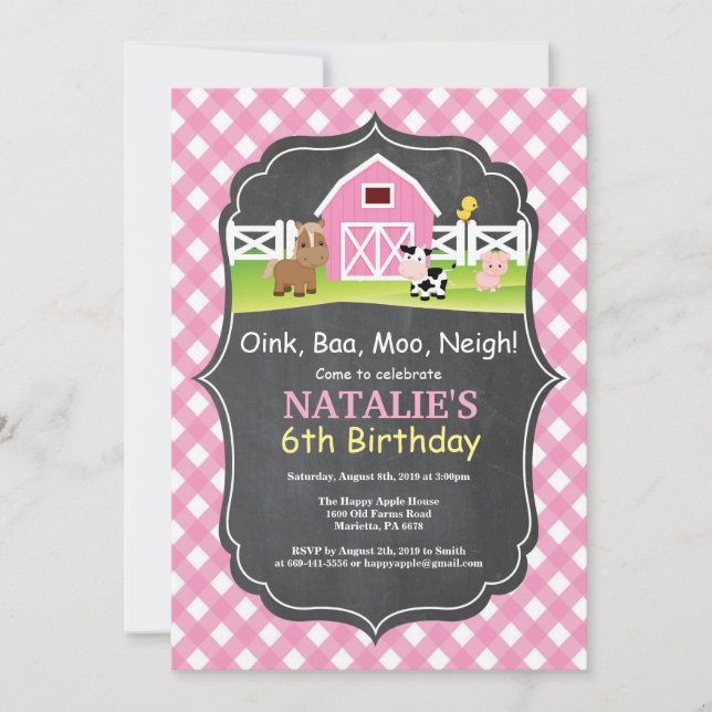 Invitación de cumpleaños de granja en pizarra Fies (Anverso)