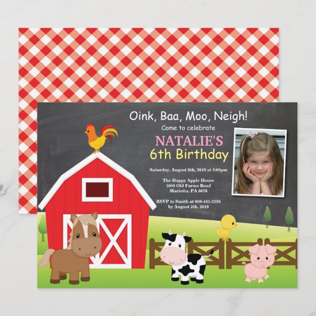 Invitación de cumpleaños de granja Fiesta de Barny (Anverso / Reverso)