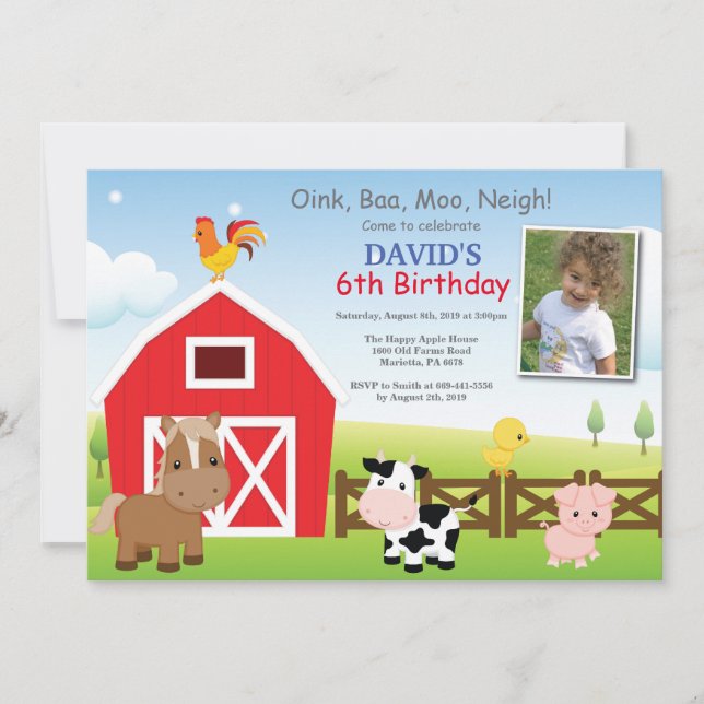 Invitación de cumpleaños de granja Fiesta de Barny (Anverso)