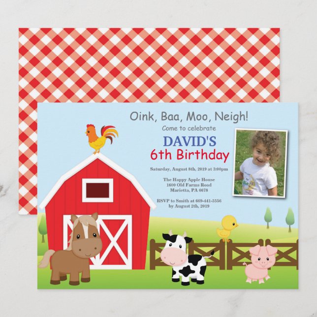Invitación de cumpleaños de granja Fiesta de Barny (Anverso / Reverso)