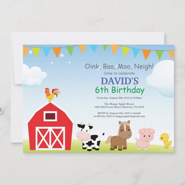 Invitación de cumpleaños de granja Fiesta de Barny (Anverso)