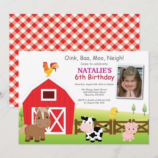 Invitación de cumpleaños de granja Fiesta de Barny (Anverso / Reverso)