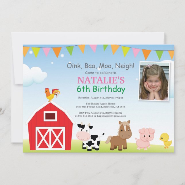 Invitación de cumpleaños de granja Fiesta de corra (Anverso)