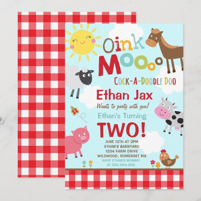 Invitación de cumpleaños de granja Fiesta de la vi (Anverso / Reverso)