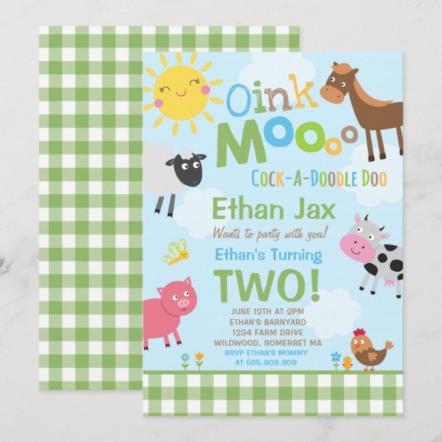 Invitación de cumpleaños de granja Fiesta de la vi (Anverso / Reverso)