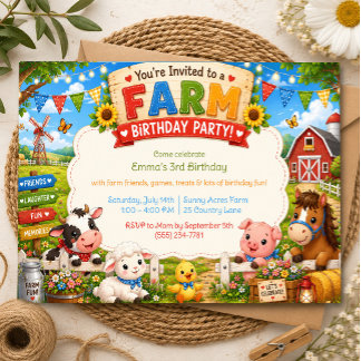 Invitación de cumpleaños de granja granero animal