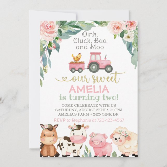 Invitación de cumpleaños de granja, invitación de  (Anverso)