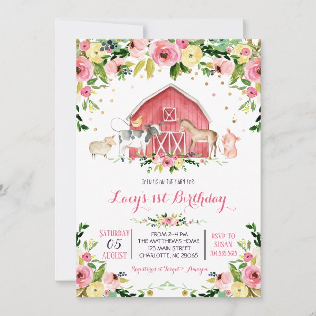 invitación de cumpleaños de granja, invitación de  (Anverso)