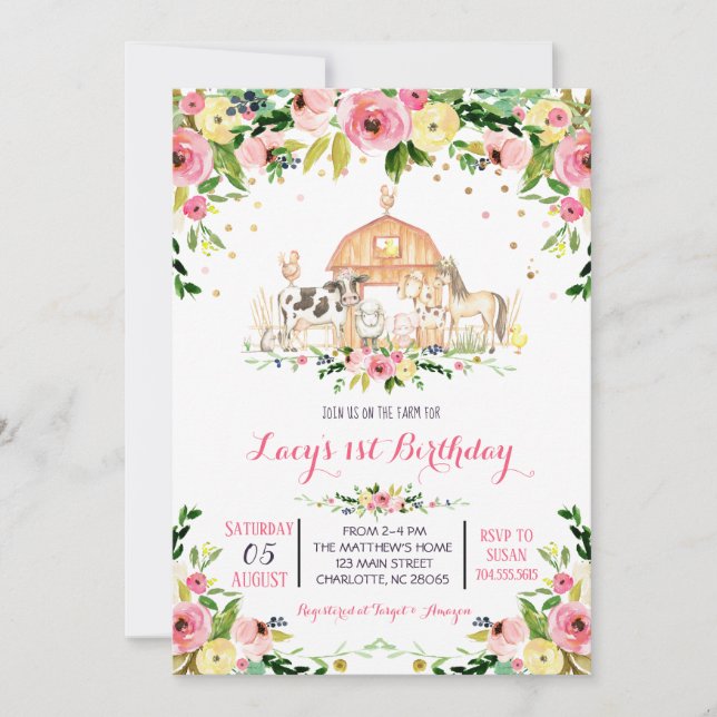 invitación de cumpleaños de granja, invitación de  (Anverso)
