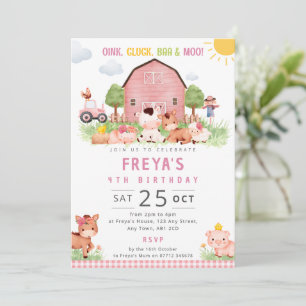Invitación de cumpleaños de granja rosa Animales d