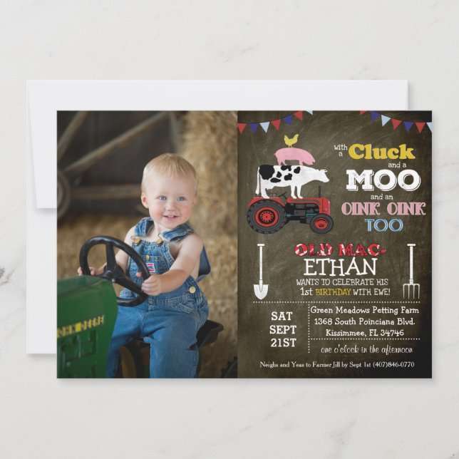 Invitación de cumpleaños de granjero - FOTO/EDAD C (Anverso)