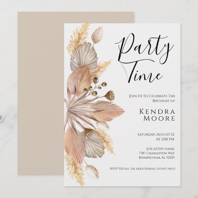 Invitación de cumpleaños de Grass Boho Pompas para (Anverso / Reverso)