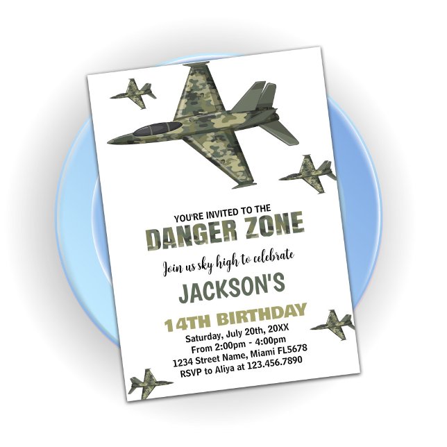 Invitación de cumpleaños de Green Fighter Jet (Dark Green Fighter Jet Birthday Invitation)