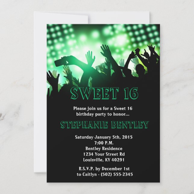 Invitación de cumpleaños de Green Rock Star Sweet  (Anverso)