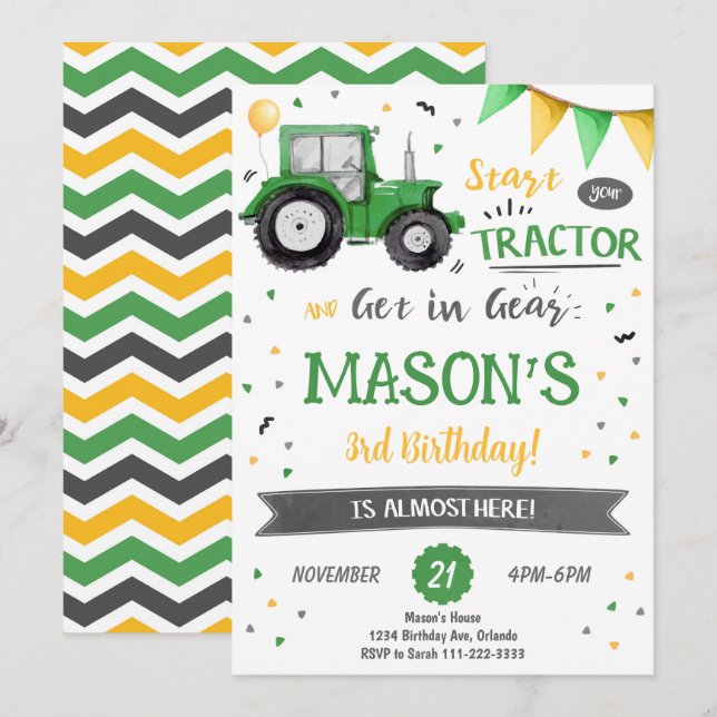 Invitación de cumpleaños de Green Tractor (Anverso / Reverso)