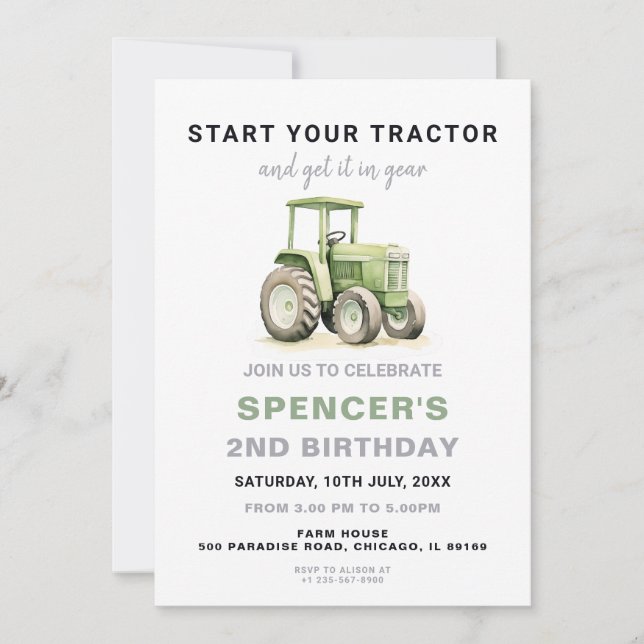 Invitación de cumpleaños de Green Tractor editable (Anverso)