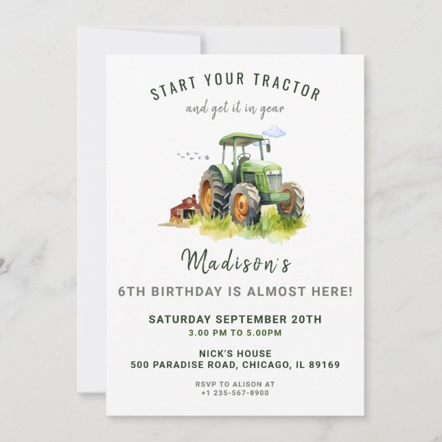 Invitación de cumpleaños de Green Tractor editable (Anverso)