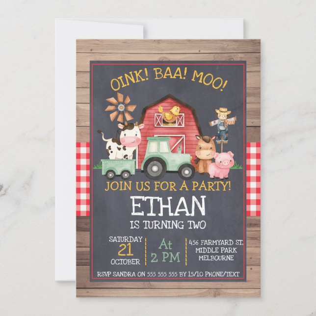 Invitación de cumpleaños de Green Tractor Farm Cha (Anverso)