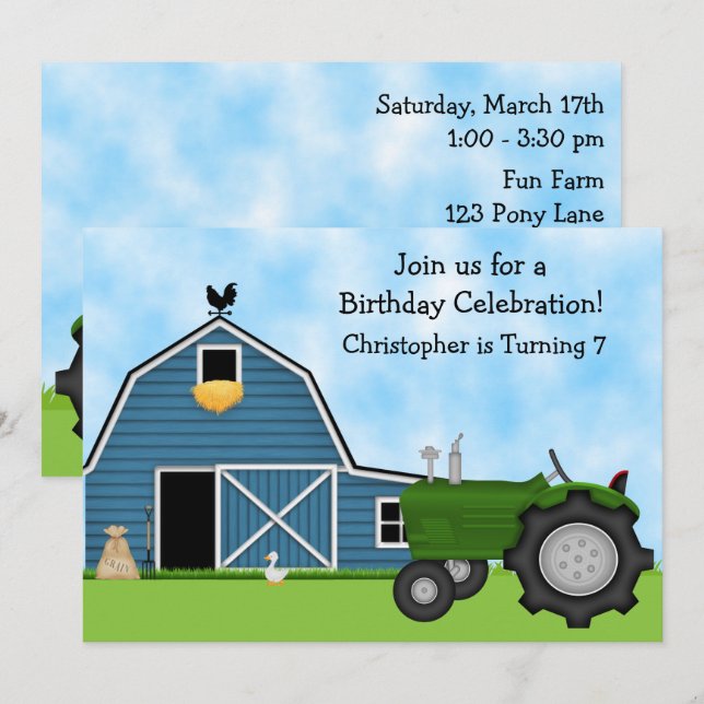 Invitación de cumpleaños de Green Tractor y Blue B (Anverso / Reverso)