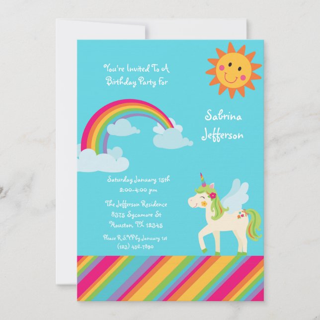 Invitación de cumpleaños de Green Unicorn Rainbow  (Anverso)