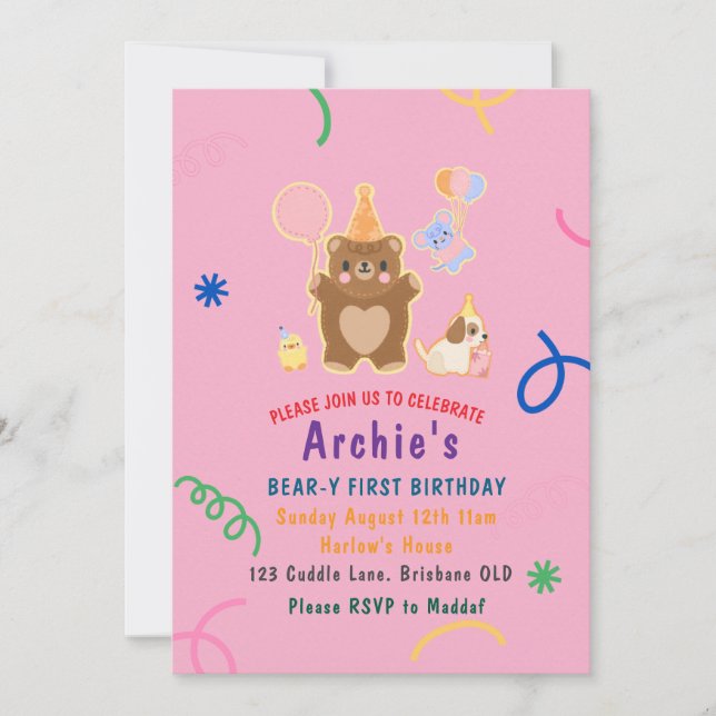 Invitación de cumpleaños de Greenery Bear (Anverso)
