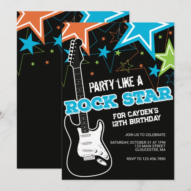 Invitación de cumpleaños de guitarra azul naranja  (Anverso / Reverso)