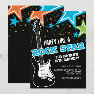 Invitación de cumpleaños de guitarra azul naranja 