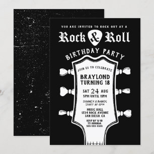 Invitación de cumpleaños de guitarra en blanco y n