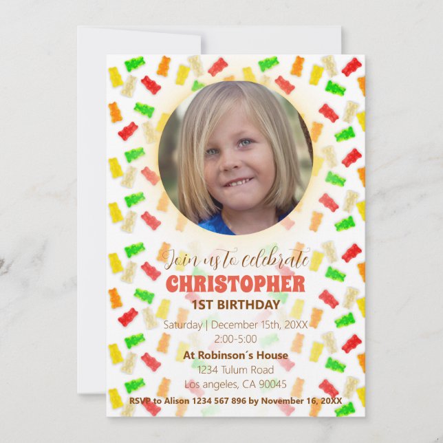 Invitación de cumpleaños de Gummies y Confetti (Anverso)